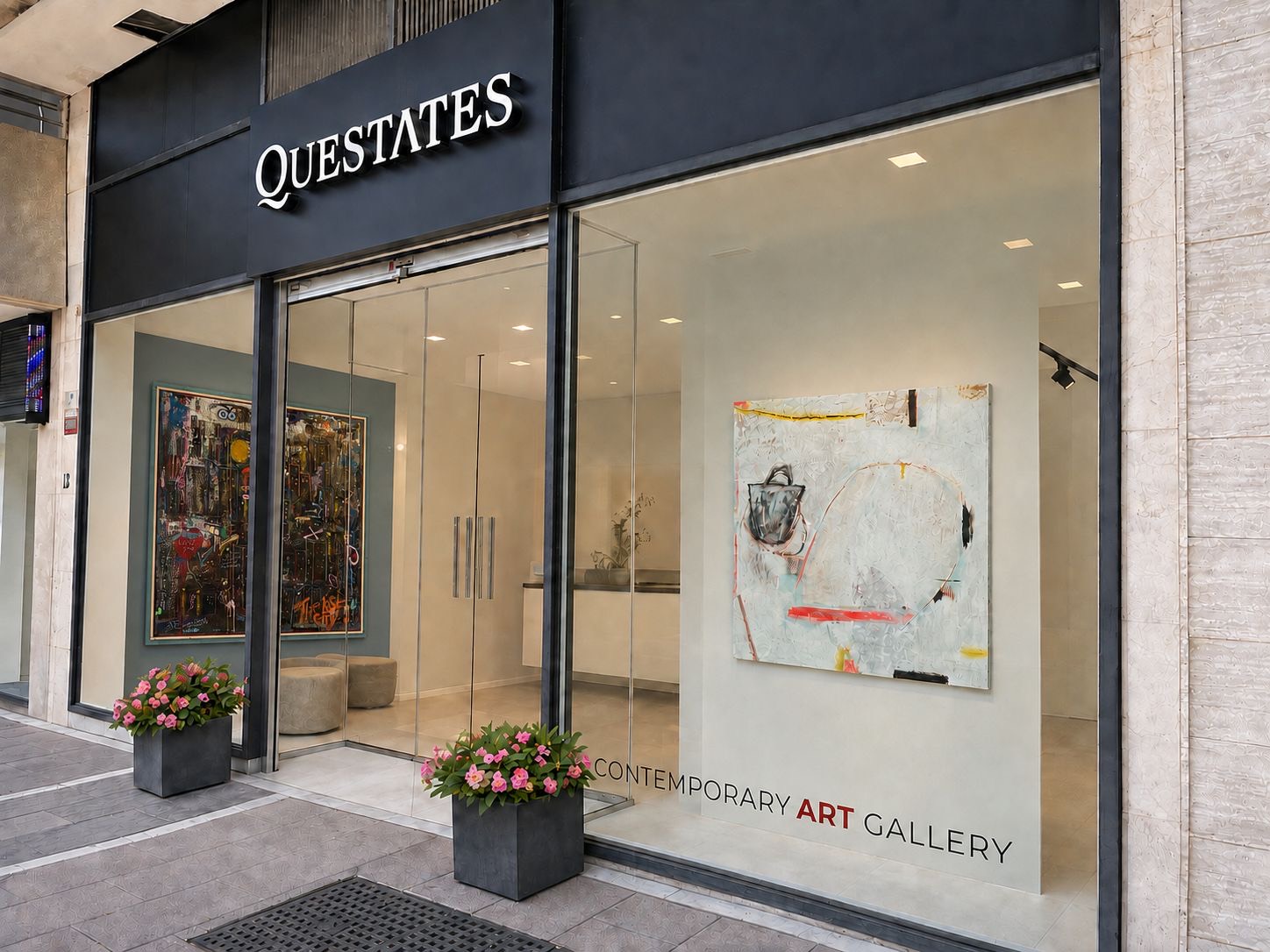 Contemporary Art Gallery Banús — the gallery storefront in Puerto Banús, with the Q Estates sign and a large abstract canvas in the window